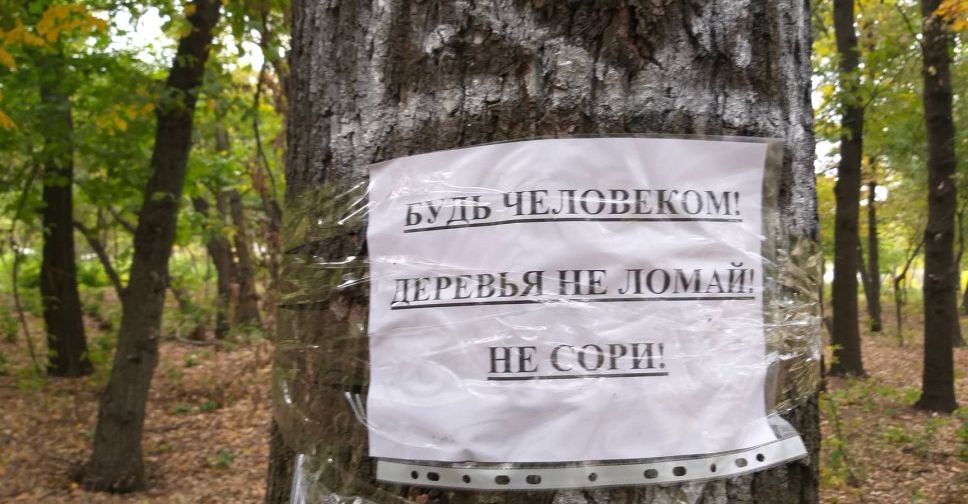 В покровском парке «Юбилейный» появились таблички, призывающие не сорить и не ломать деревья