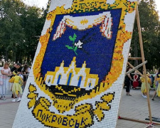В Покровске сложили огромный герб города из пластиковых крышечек