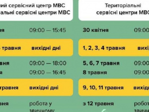 Графік роботи сервісних центрів МВС у святкові травневі дні